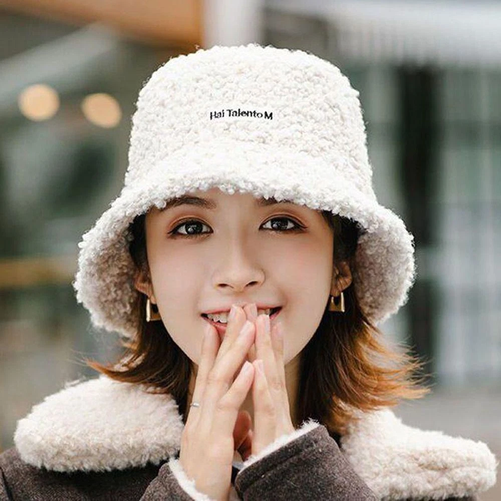 Winter Women Bucket Hat Korean Style Hat Fashion Design Lamb Wool