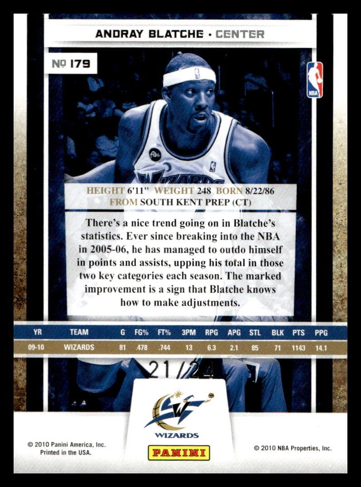 2009-10 Panini Season Update Andray Blatche #179 Gold /24 Wizards - Image 2 of 2
