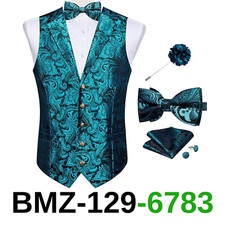DiBanGu Mens Paisley Suit Vest Turquoise Vest for Men Silk Waistcoat Pretied,3XL