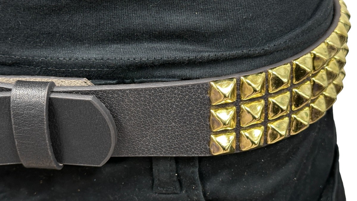 BLACK Three Row Gold Pyramid Stud Belt Leather Handmade  display picture 1