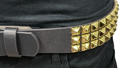 BLACK Three Row Gold Pyramid Stud Belt Leather Handmade Studded Belt Punk Goth