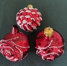 3 Poland Mercury Glass Pinecone Ornaments Vintage Red 2" Christmas Holiday Tree