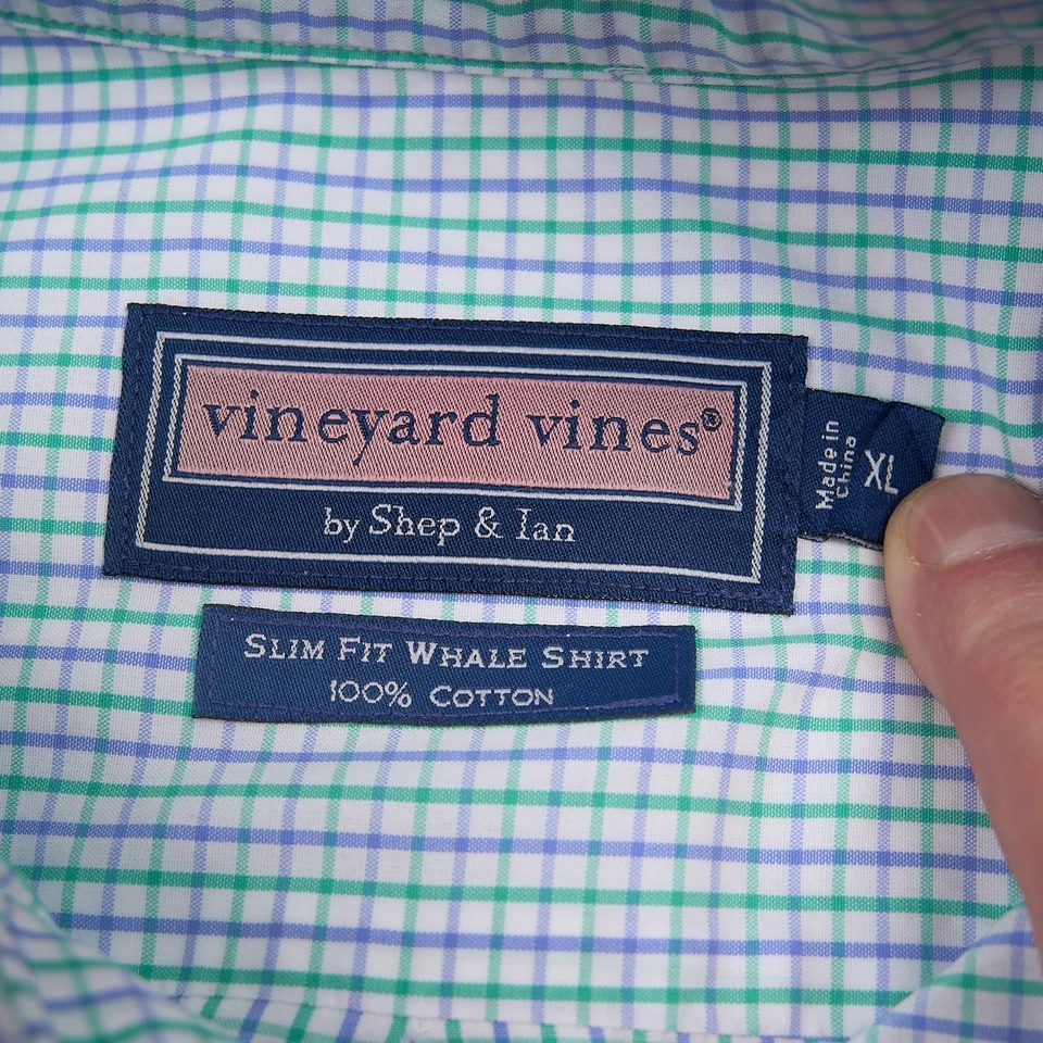 Vineyard Vines Shirt Men XL Blue Green Check Whale Cotton Slim Fit Button Up - Image 4 of 4