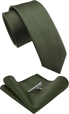 2.4" Olive Green Skinny Tie and Pocket Square with Tie Clip Sets for Men 42