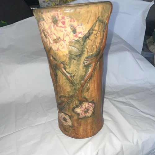 Weller Art Pottery Ceramic Vase Floral Relief Design Decorative Brown Pink Green