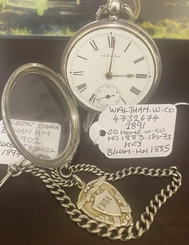 ANTIQUE SILVER POCKET WATCH WALTHAM,HM 1885 + SILVER ALBERT CHAIN,WORKING ORDER