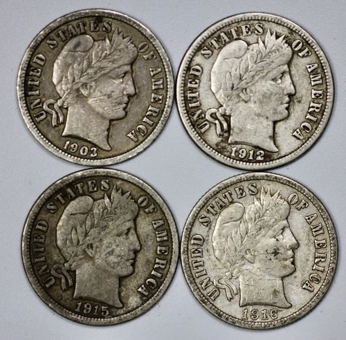 1903, 1912-D, 1915 and 1916 Barber 10c Silver Dimes Lot of 4