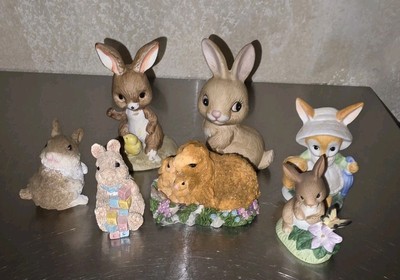 Seven Vintage Brown, Orange Or Gray Bunny Rabbit  Figurines Easter Spring