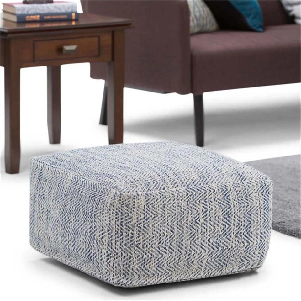 Nate Boho Square Pouf in Patterned Denim Blue Melange Cotton - Image 2 of 4