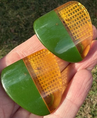 Bakelite carved Apple juice green Dress clip pair Tested Vintage jewelry