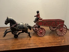 CAST IRON HUBLEY TWO HORSE-DRAWN  DUMPER COAL WAGON TOY