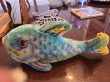 Vintage 1970s Steiff Flossy Fish Blue Rainbow Color 11"