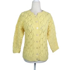 Vintage 80s Yellow Pointelle Diamond Knit Cardigan Sweater S