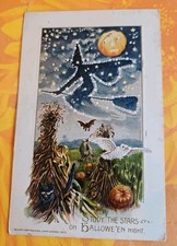 Halloween Antique Postcard HTF Winsch Witch In The Stars Corn Stalks Moon 1913