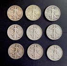 Lot of 9 Walking Liberty Half Dollars 90% Silver 50C 1940 - 1946, S F & Philly