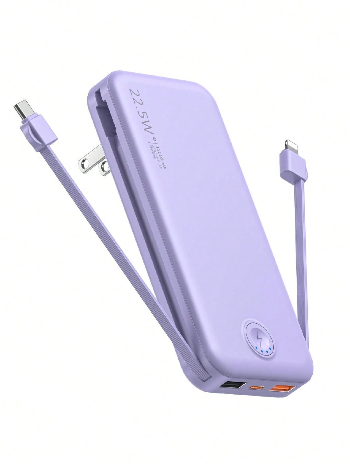 12000mAh Portable Charger with Built-In Cable & AC Plug - USB-C Power Bank