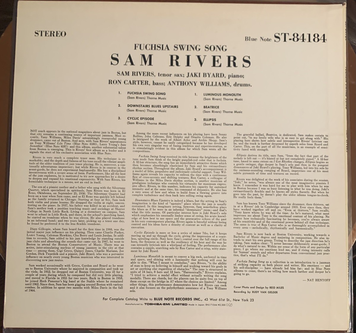 Sam Rivers - Fuchsia Swing Song LP Blue Note BST-84184
