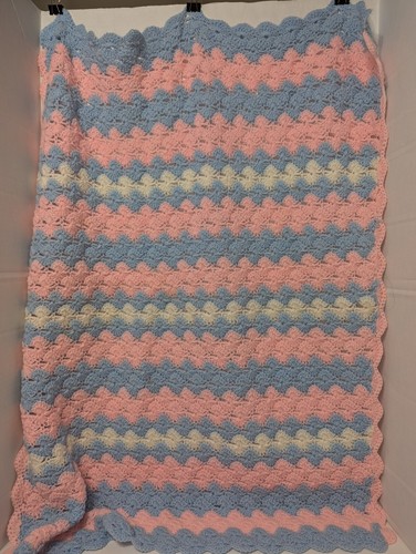 Handmade Crochet Blue Pink White Lap Blanket Baby Blanket Afghan - 第 1/7 張圖片