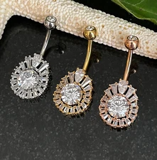 1pc Princess Cut CZ Gem Round Gem Centered Surgical Steel Belly Ring Navel Naval