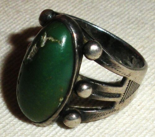 VINTAGE EARLY NAVAJO GREAT GREEN TURQUOISE STERLING SILVER RING SIZE 6 vafo - Picture 3 of 15