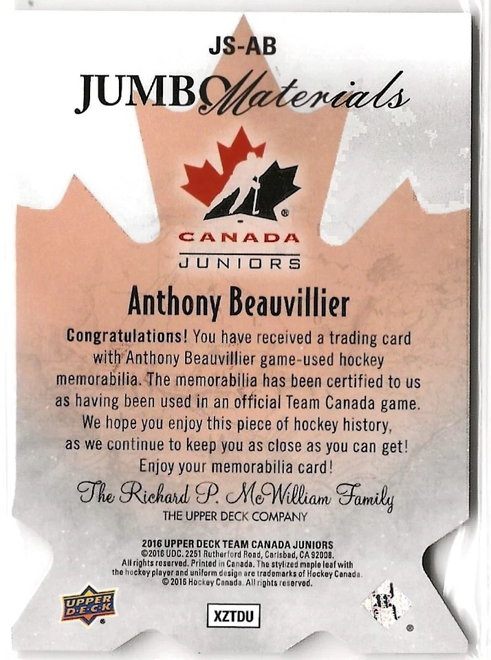 2016-17 UD Team Canada Juniors Jumbo Materials #JSAB Anthony Beauvillier 15/75 - Image 2 of 2