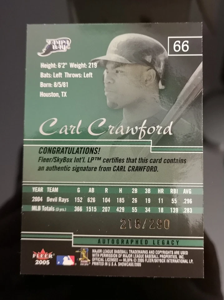 #'ed/290 Auto 💥 CARL CRAWFORD SP Card Insert 2005 Fleer Showcase #66 Mint - Image 2 of 2