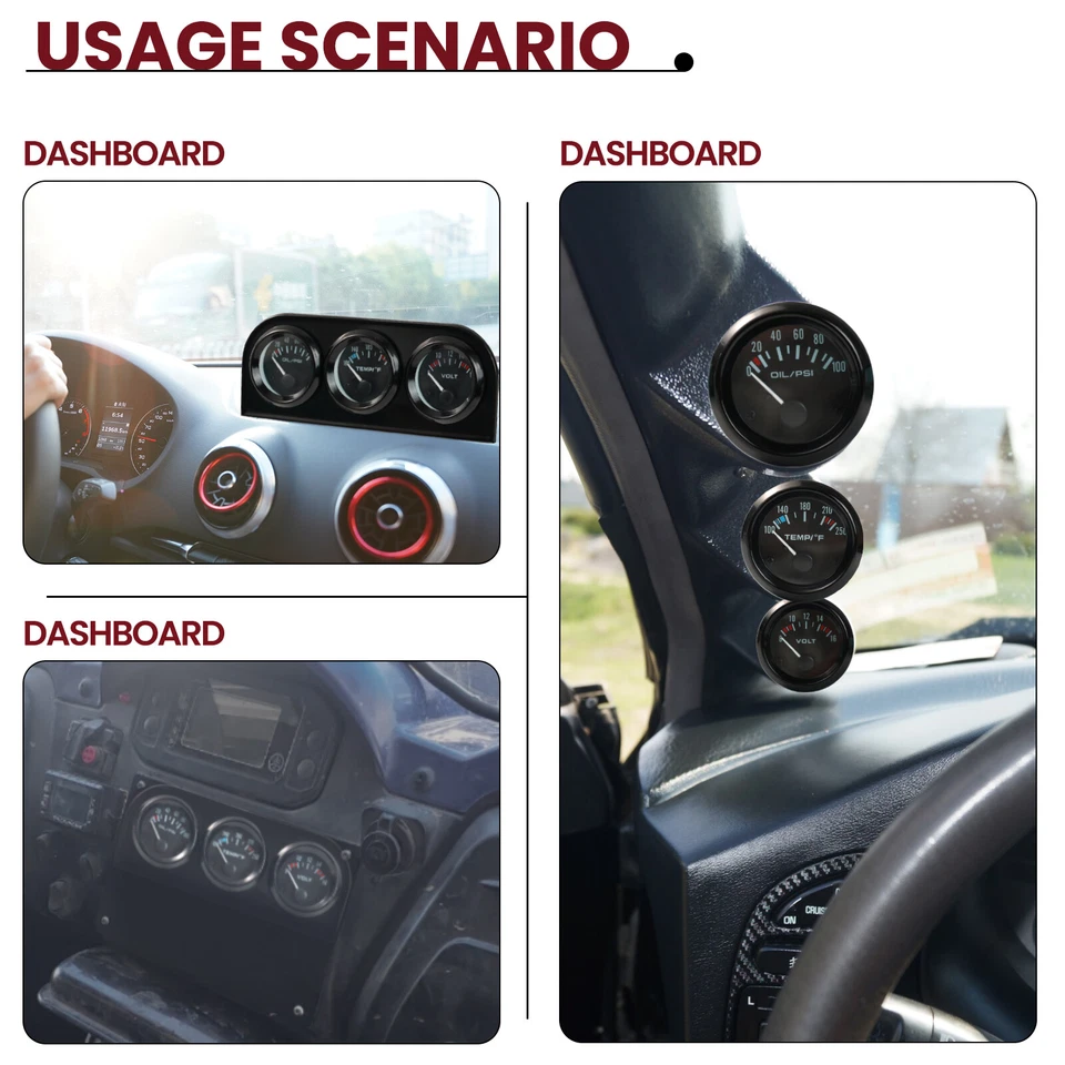 3in1 52mm 2" Chrome Car Triple Gauge Set Kit Water Temp Oil Pressure Volt Meter - Image 3 of 4