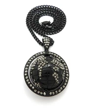 HIP HOP ICED JET BLACK WORLD GLOBE PENDANT & 5mm 24" CUBAN CHAIN BLING NECKLACE