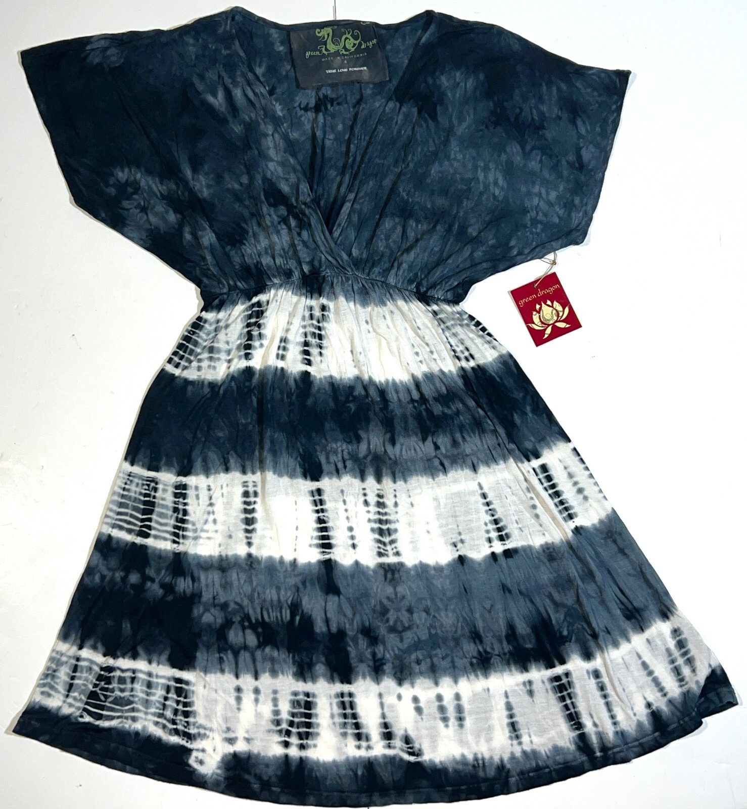 Green Dragon California Tie-Dye Striped V-Neck Stretch Boho Hippie Zoe Dress S