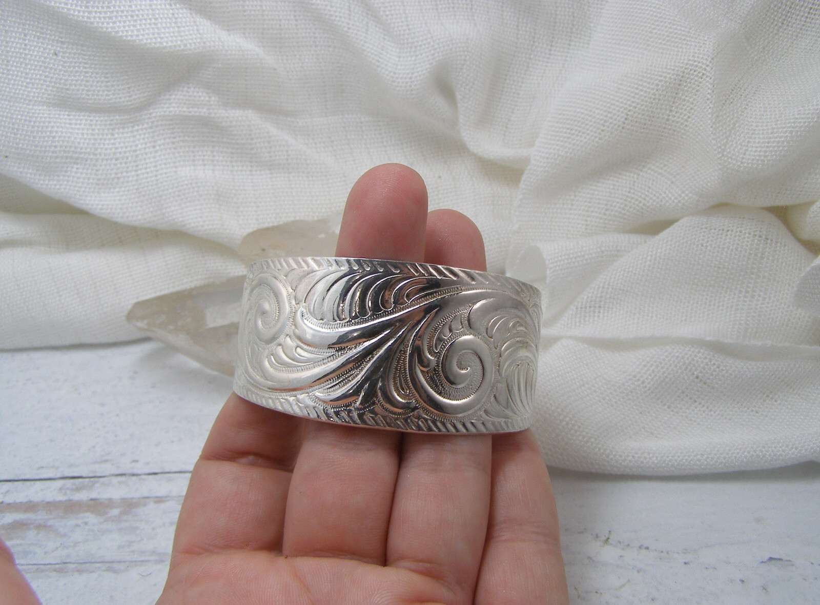 Sterling Silver Embossed Scroll Leaf Cuff Bracele… - image 2