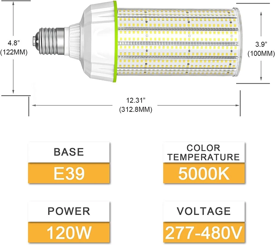 480V LED Corn Light Bulb 120W E39 Base Industrial Grade Cob Bulb 5000K ETL List - Image 3 of 4