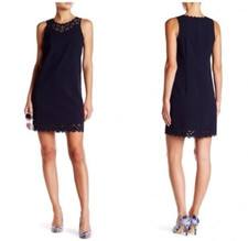 J Crew Shift Dress 12 Navy Blue Scalloped Laser Cut Mod Sleeveless