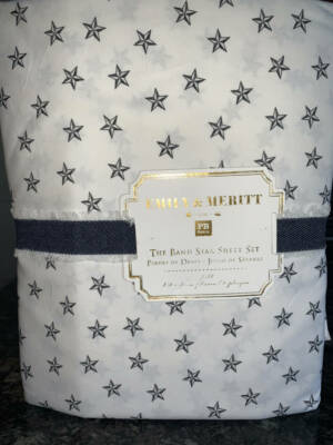 New~Pottery Barn Emily Meritt Band Star Stars Sheet Set~FULL White Navy