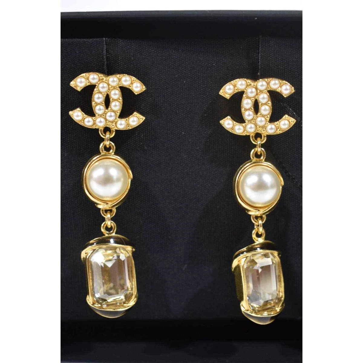 Chanel Gold CC Tear Drop Crystal Dangle Piercing Earrings - 2 Pieces