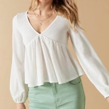 NWT Francesca’s Babydoll Top Women's Large Ivory White Long Sleeve Shirt Boho