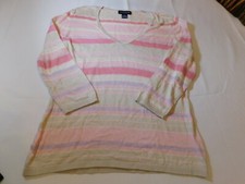 Ann Taylor Women's Ladies 3/4 sleeve pinks off white Striped sweater top M MD