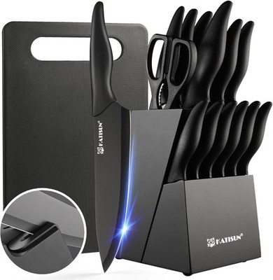 16 Pieces Kitchen Knife Block Set with Cutting Board, German Stainless Steel ...