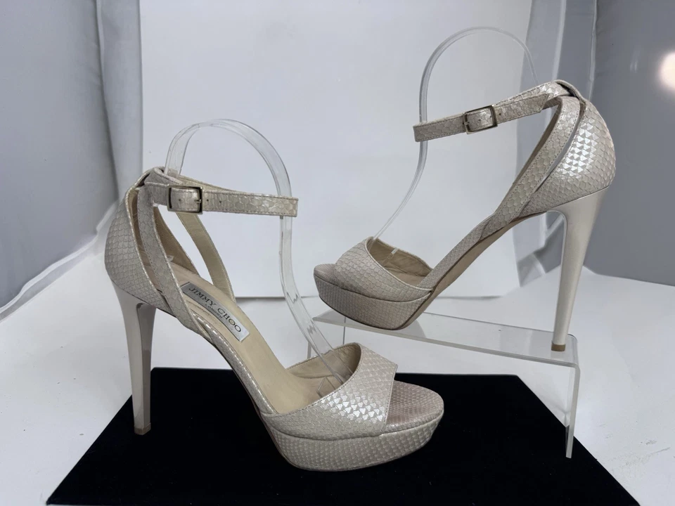 Jimmy Choo Sepatu Python Peep Toe Pumps Platforms Ankle Strap Blush Nude Sz 41 - image 2 of 4
