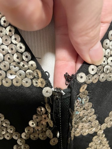 VTG 60s Black Sequin Maxi Dress Gown Velvet Waist Lettuce Hem Tiered Ruffle Med - Picture 15 of 22