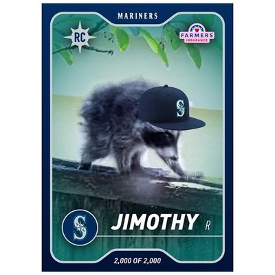 2026 Seattle Mariners Jimothy The Raccoon Baseball Rookie Card 8/5 Brand New