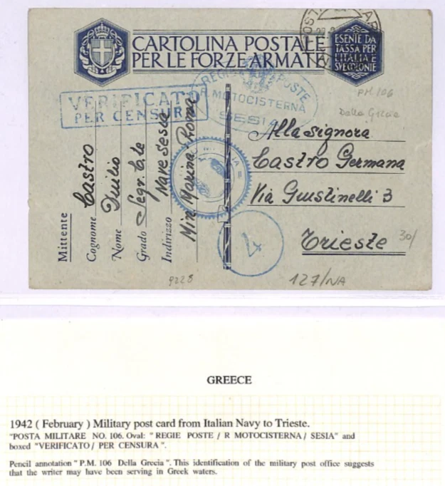 ITALY NAVAL Greece WW2 Card SHIP *MOTOCISTERNA SESIA* 1942 Censor Trieste XD139 - Image 3 of 4