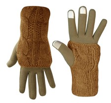 Cable Knit Plush Double Layer Winter Gloves One Size/with Arm Warmers, Tan 