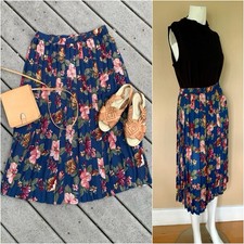 Vintage 90 s Floral Pleated A-Line Midi Skirt w Elastic Waist, M/L