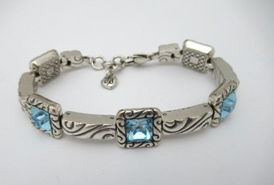 Brighton Retired Regina Aqua Blue Swarovski Crystal Silver Plated Link Bracelet