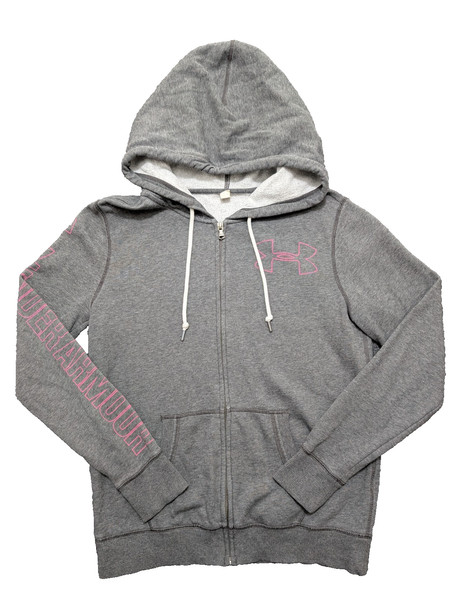 Under Armour Hoodie Womens XS Grey Pink Logo Full Zip Long Sleeve Gym