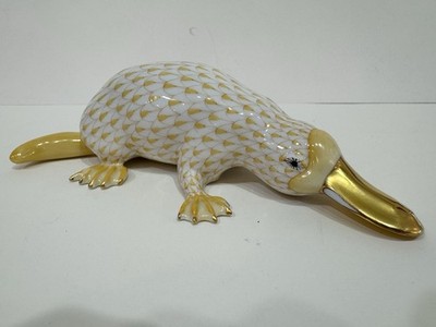 Herend Porcelain Butterscotch Yellow Platypus Hand Painted w/24k Gold Perfect