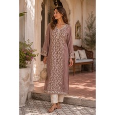 Mauve Embroidered Kurta Tunic Gold Detail Size L