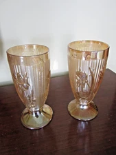 Pair Jeanette Iris & Herringbone Marigold 6" 8 oz Footed Carnival Glass Tumblers