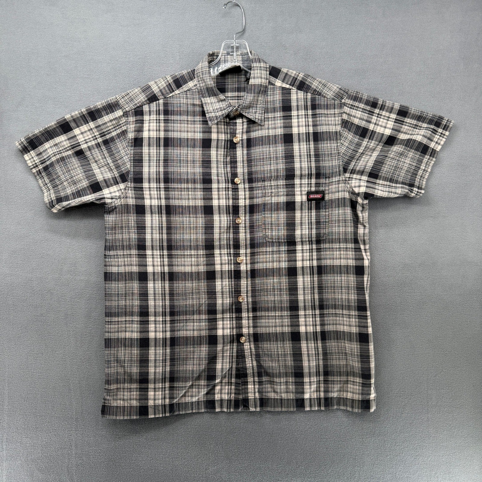 Dickies Plaid Short Sleeve Button Up Shirt Mens Large  Gray Checkered Pocket