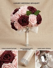 Luxury Handcrafted Bridal Bouquet Blush Pink Burgundy Foam Roses Wedding Decor